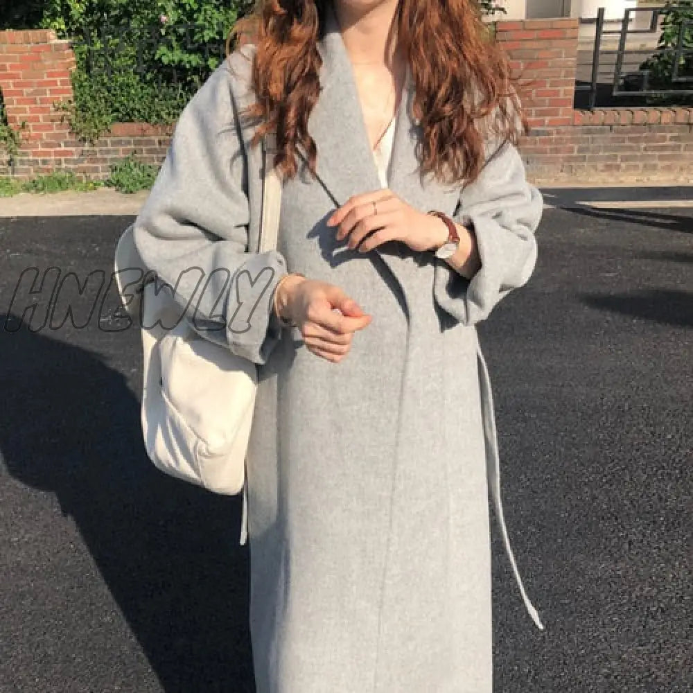 Hnewly Vintage Gray Woolen Jacket For Woman Autumn Winter Thicken Oversized Blends Long Coats