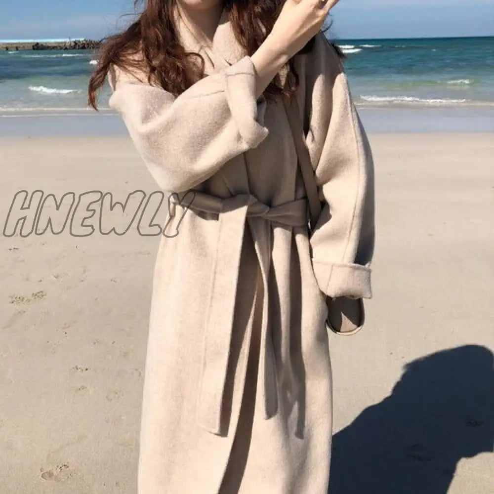 Hnewly Vintage Gray Woolen Jacket For Woman Autumn Winter Thicken Oversized Blends Long Coats