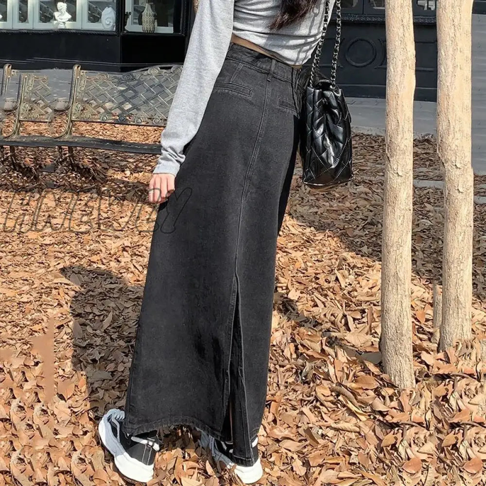 Hnewly Vintage High Waist Denim Skirt Women 2024 Streetwear Mid-Length A Line Woman Korean Pocket