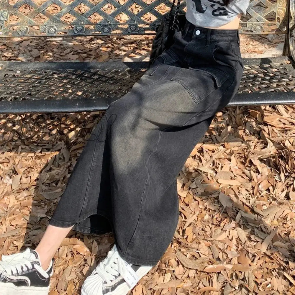 Hnewly Vintage High Waist Denim Skirt Women 2024 Streetwear Mid-Length A Line Woman Korean Pocket
