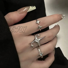 Hnewly Vintage Irregular Cross Star Couple Ring For Women Men Punk Gothic Sliver Color Adjustable