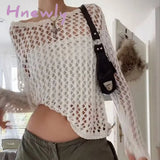 Hnewly Vintage Loose Hollow Out Knit Pullovers Women Casual Y2K Clothes Smock Tops Summer Shirts