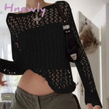 Hnewly Vintage Loose Hollow Out Knit Pullovers Women Casual Y2K Clothes Smock Tops Summer Shirts