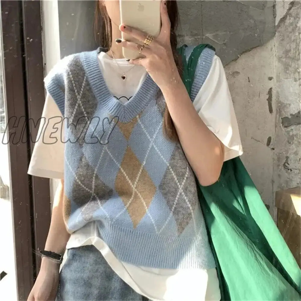 Hnewly Vintage Plaid Sweater Vests Women Stylish S-3Xl Autumn V-Neck Panelled Sleeveless Jumpers