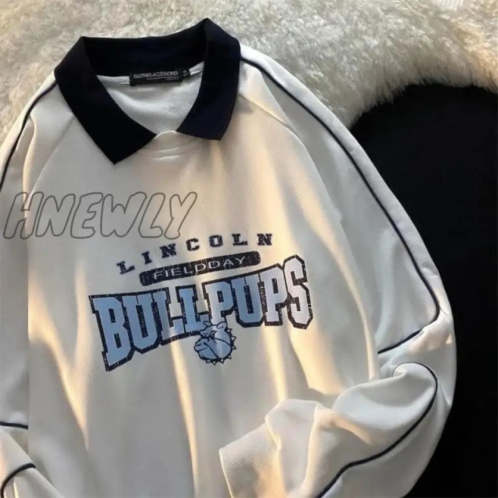Hnewly Vintage Polo Collar Letters Print Oversized Sweatshirt Women For Teen Girls Harajuku New