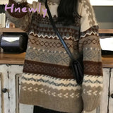 Hnewly Vintage Print Sweater Women O Neck Pullover Long Sleeve Pull Femme Autumn Winter New Loose