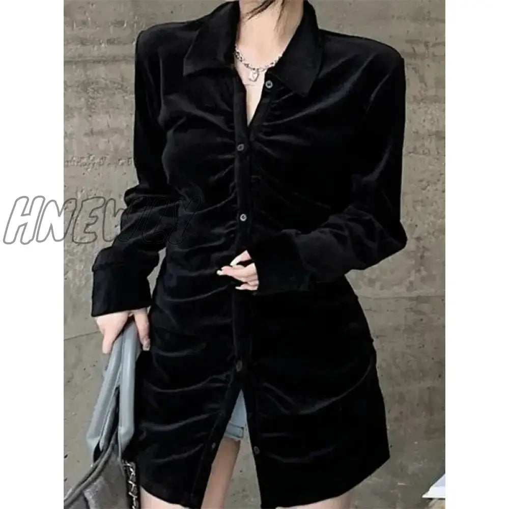 Hnewly Vintage Shirts Women Black Velvet Pleated Blouses Korean Elegant Folds Turn Down Collar Long