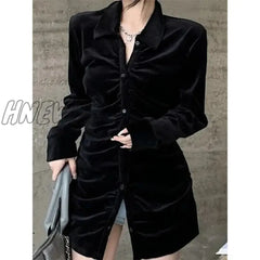 Hnewly Vintage Shirts Women Black Velvet Pleated Blouses Korean Elegant Folds Turn Down Collar Long