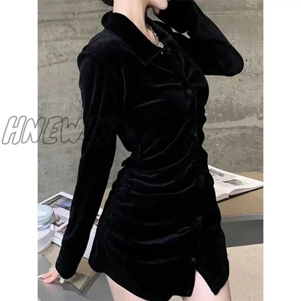 Hnewly Vintage Shirts Women Black Velvet Pleated Blouses Korean Elegant Folds Turn Down Collar Long