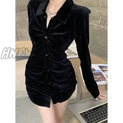 Hnewly Vintage Shirts Women Black Velvet Pleated Blouses Korean Elegant Folds Turn Down Collar Long
