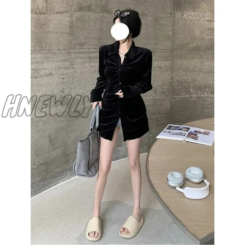Hnewly Vintage Shirts Women Black Velvet Pleated Blouses Korean Elegant Folds Turn Down Collar Long