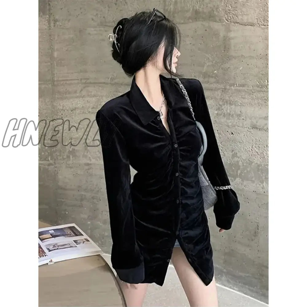 Hnewly Vintage Shirts Women Black Velvet Pleated Blouses Korean Elegant Folds Turn Down Collar Long