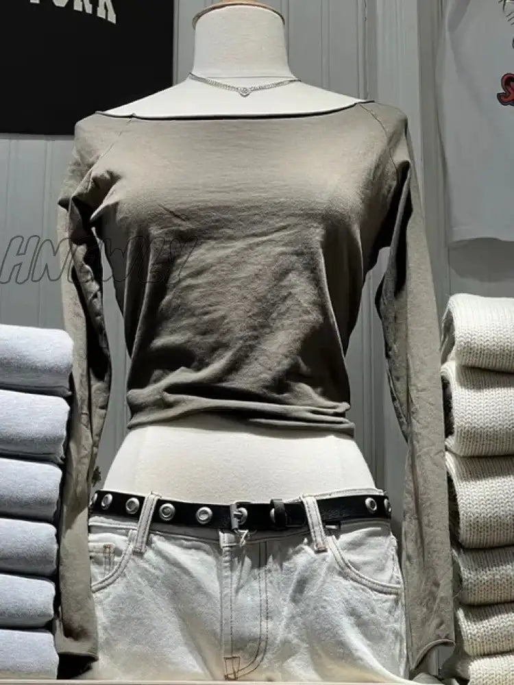 Hnewly Vintage Solid Raw Trim T Shirt Women Autumn Sexy Slash Neck Cotton Long Sleeve Tees Chic