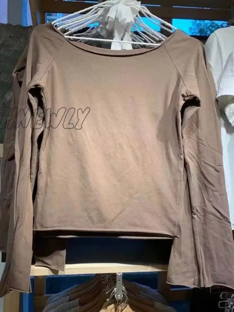 Hnewly Vintage Solid Raw Trim T Shirt Women Autumn Sexy Slash Neck Cotton Long Sleeve Tees Chic