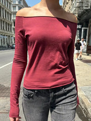 Hnewly Vintage Solid Raw Trim T Shirt Women Autumn Sexy Slash Neck Cotton Long Sleeve Tees Chic