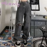 Hnewly Vintage Streetwear Dark Gray Jeans Women Y2K High Waist Ripped Denim Trousers Female New