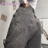 Hnewly Vintage Streetwear Dark Gray Jeans Women Y2K High Waist Ripped Denim Trousers Female New