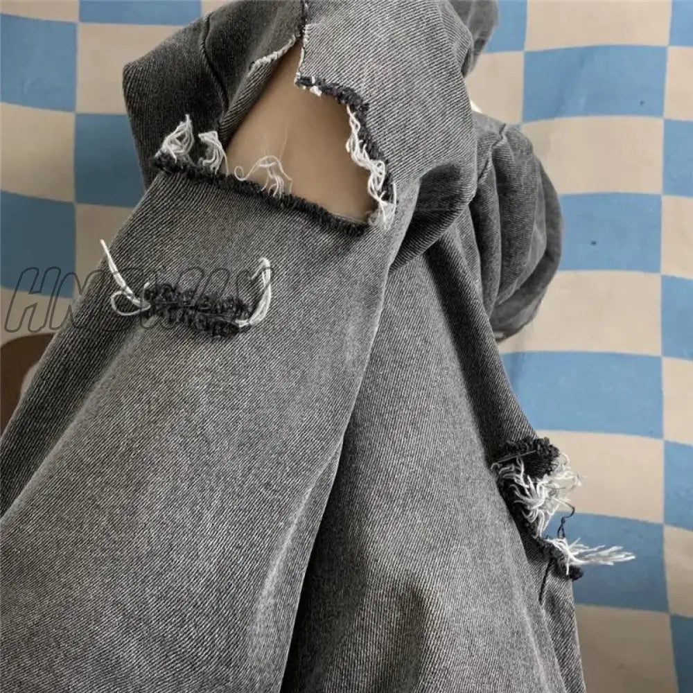 Hnewly Vintage Streetwear Y2K Dark Gray Ripped Jeans For Women New Design High Waist Loose Straight