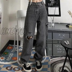 Hnewly Vintage Streetwear Y2K Dark Gray Ripped Jeans For Women New Design High Waist Loose Straight
