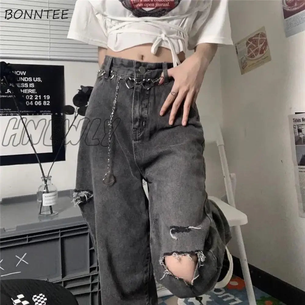 Hnewly Vintage Streetwear Y2K Dark Gray Ripped Jeans For Women New Design High Waist Loose Straight