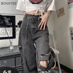 Hnewly Vintage Streetwear Y2K Dark Gray Ripped Jeans For Women New Design High Waist Loose Straight
