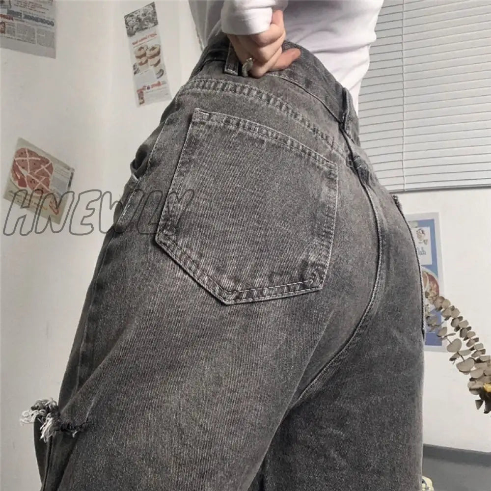 Hnewly Vintage Streetwear Y2K Dark Gray Ripped Jeans For Women New Design High Waist Loose Straight