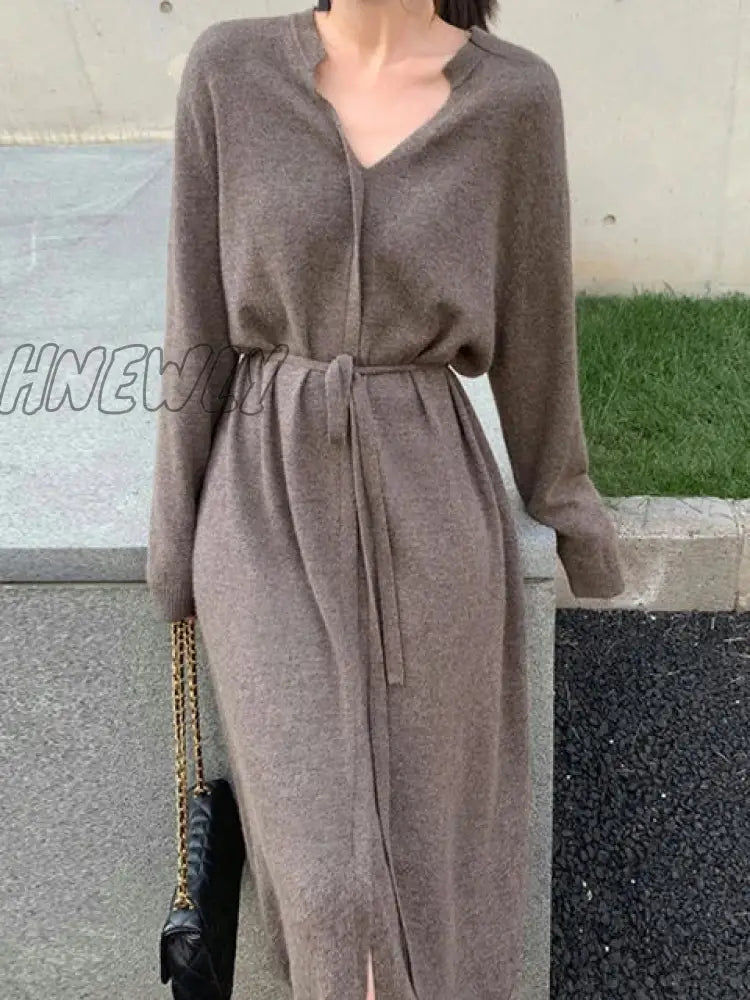 Hnewly Vintage Sweater Knitted Dress For Women Brief V-Neck Warm Drawstring Lace-Up Loose Midi