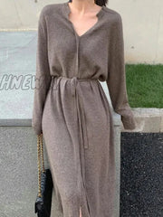 Hnewly Vintage Sweater Knitted Dress For Women Brief V-Neck Warm Drawstring Lace-Up Loose Midi