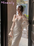 Hnewly Vintage Women Fashion Elegant Puff Sleeve Midi Corset Maxi Dresses Evening Prom Female Party