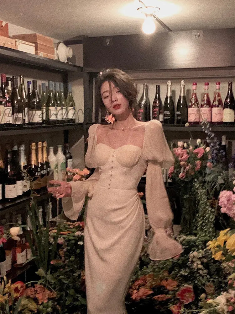 Hnewly Vintage Women Fashion Elegant Puff Sleeve Midi Corset Maxi Dresses Evening Prom Female Party