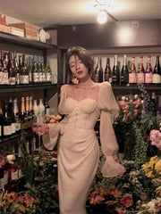 Hnewly Vintage Women Fashion Elegant Puff Sleeve Midi Corset Maxi Dresses Evening Prom Female Party