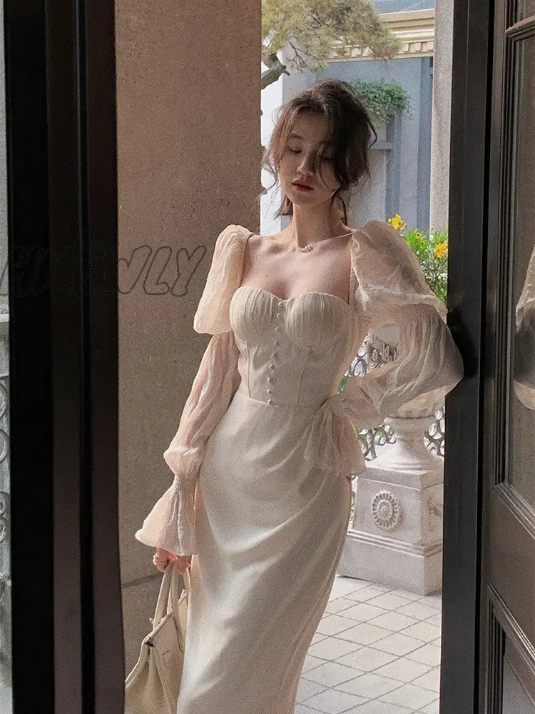 Hnewly Vintage Women Fashion Elegant Puff Sleeve Midi Corset Maxi Dresses Evening Prom Female Party