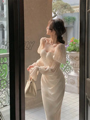 Hnewly Vintage Women Fashion Elegant Puff Sleeve Midi Corset Maxi Dresses Evening Prom Female Party