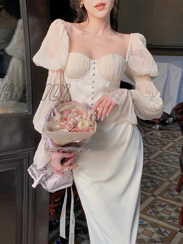 Hnewly Vintage Women Fashion Elegant Puff Sleeve Midi Corset Maxi Dresses Evening Prom Female Party