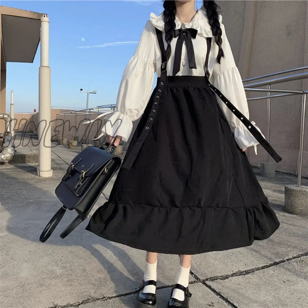 Hnewly Vintage Women Gothic Punk Lolita Dress Casual High Waist Long Sleeve Hat Collar Sexy Gry