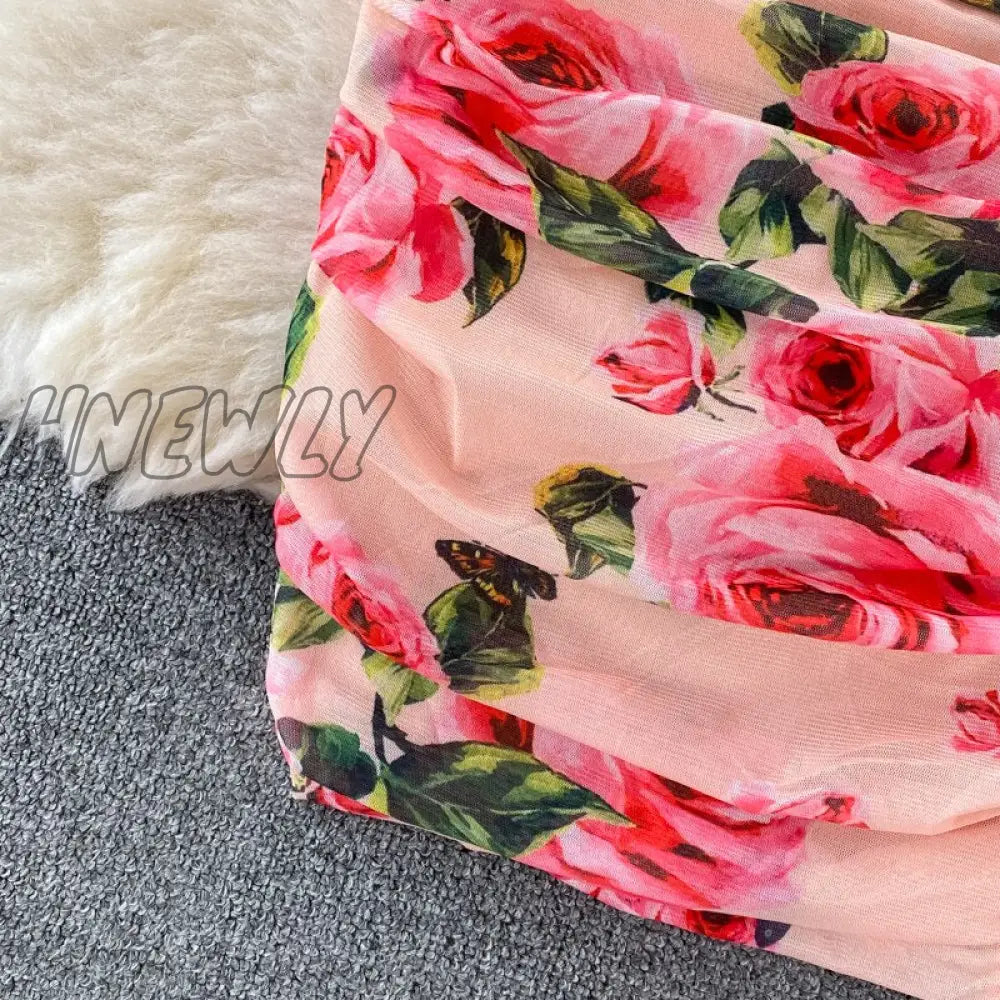 Hnewly Vintage Women Pleated Long Dress Flower Printed Square Collar High Waist Draped Robe Female