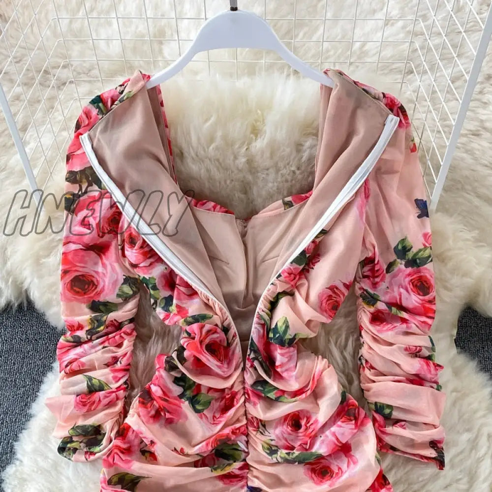 Hnewly Vintage Women Pleated Long Dress Flower Printed Square Collar High Waist Draped Robe Female