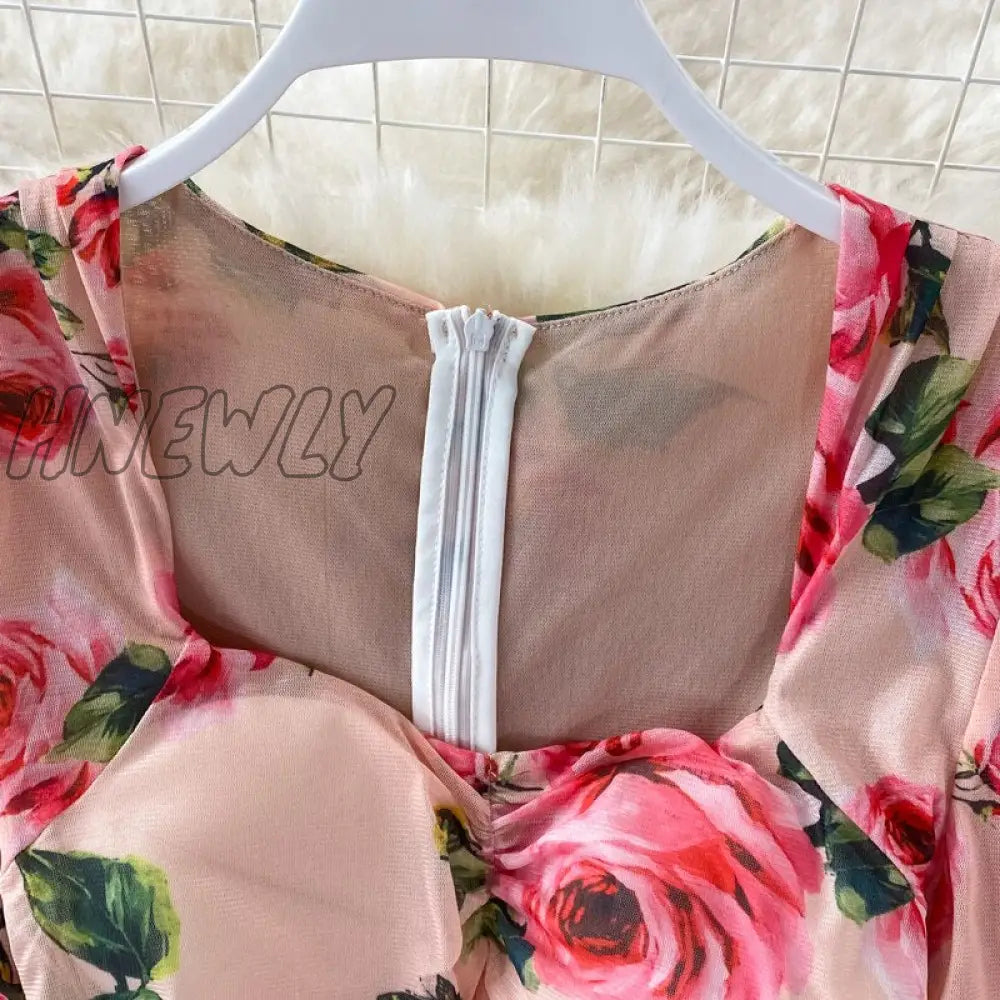 Hnewly Vintage Women Pleated Long Dress Flower Printed Square Collar High Waist Draped Robe Female