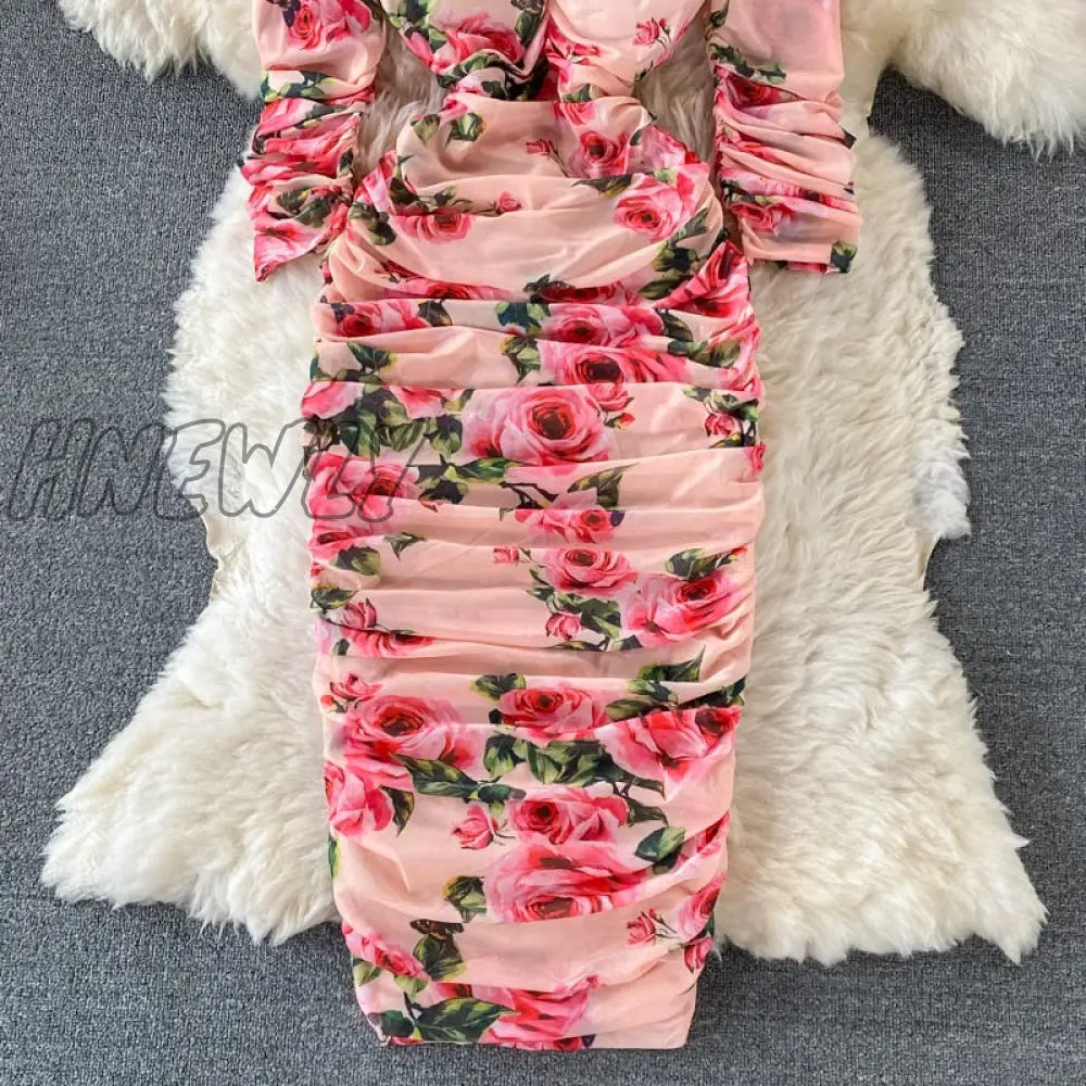 Hnewly Vintage Women Pleated Long Dress Flower Printed Square Collar High Waist Draped Robe Female