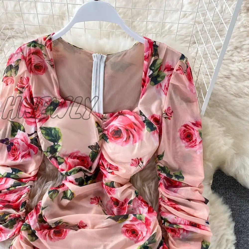 Hnewly Vintage Women Pleated Long Dress Flower Printed Square Collar High Waist Draped Robe Female