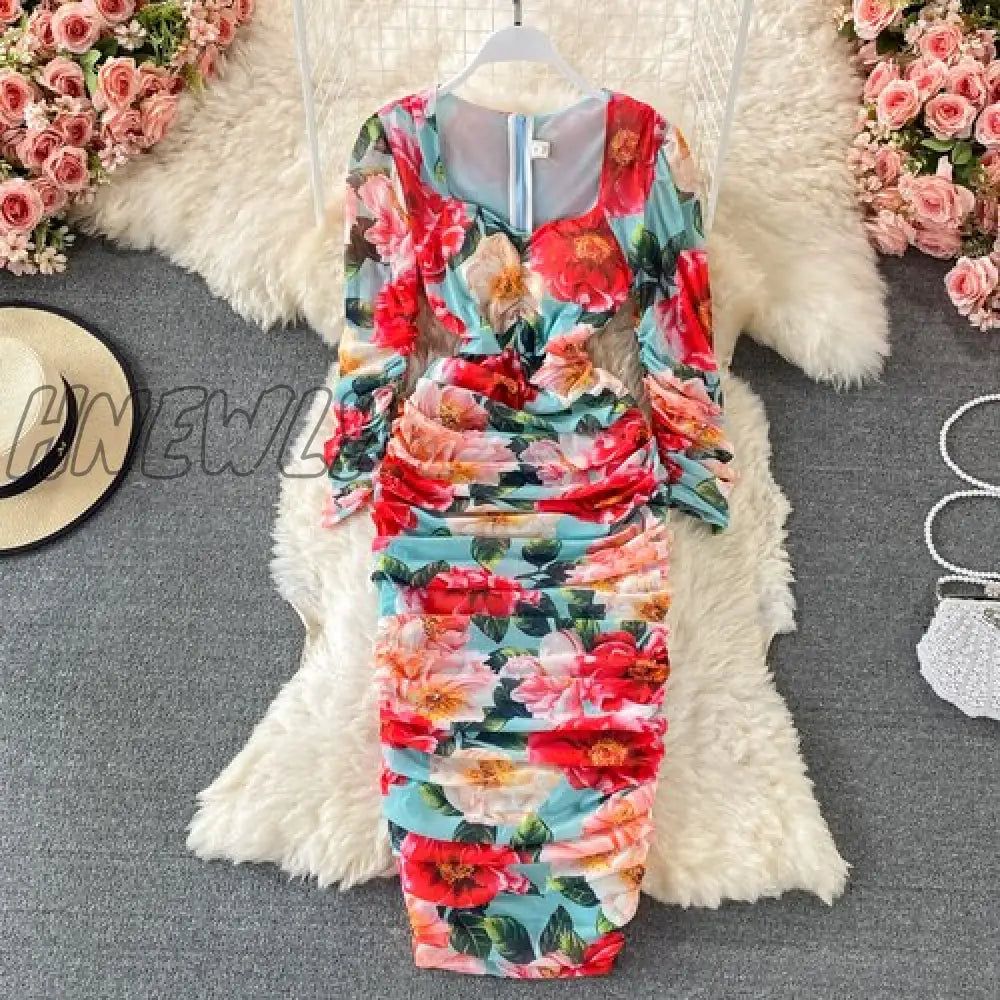 Hnewly Vintage Women Pleated Long Dress Flower Printed Square Collar High Waist Draped Robe Female