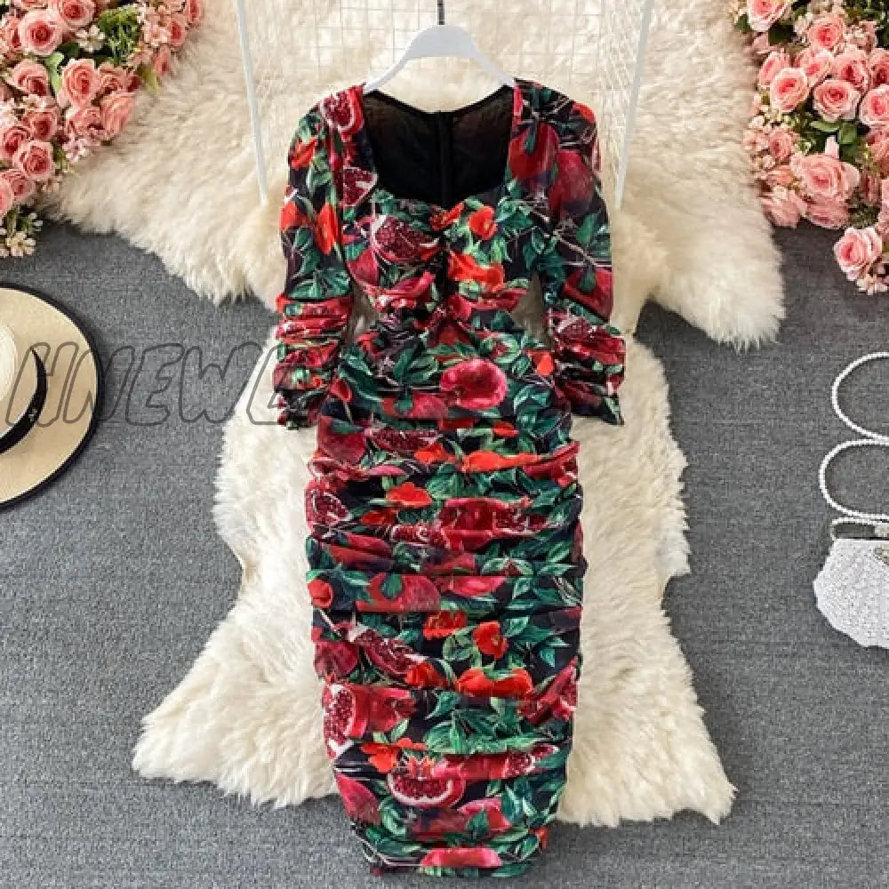 Hnewly Vintage Women Pleated Long Dress Flower Printed Square Collar High Waist Draped Robe Female