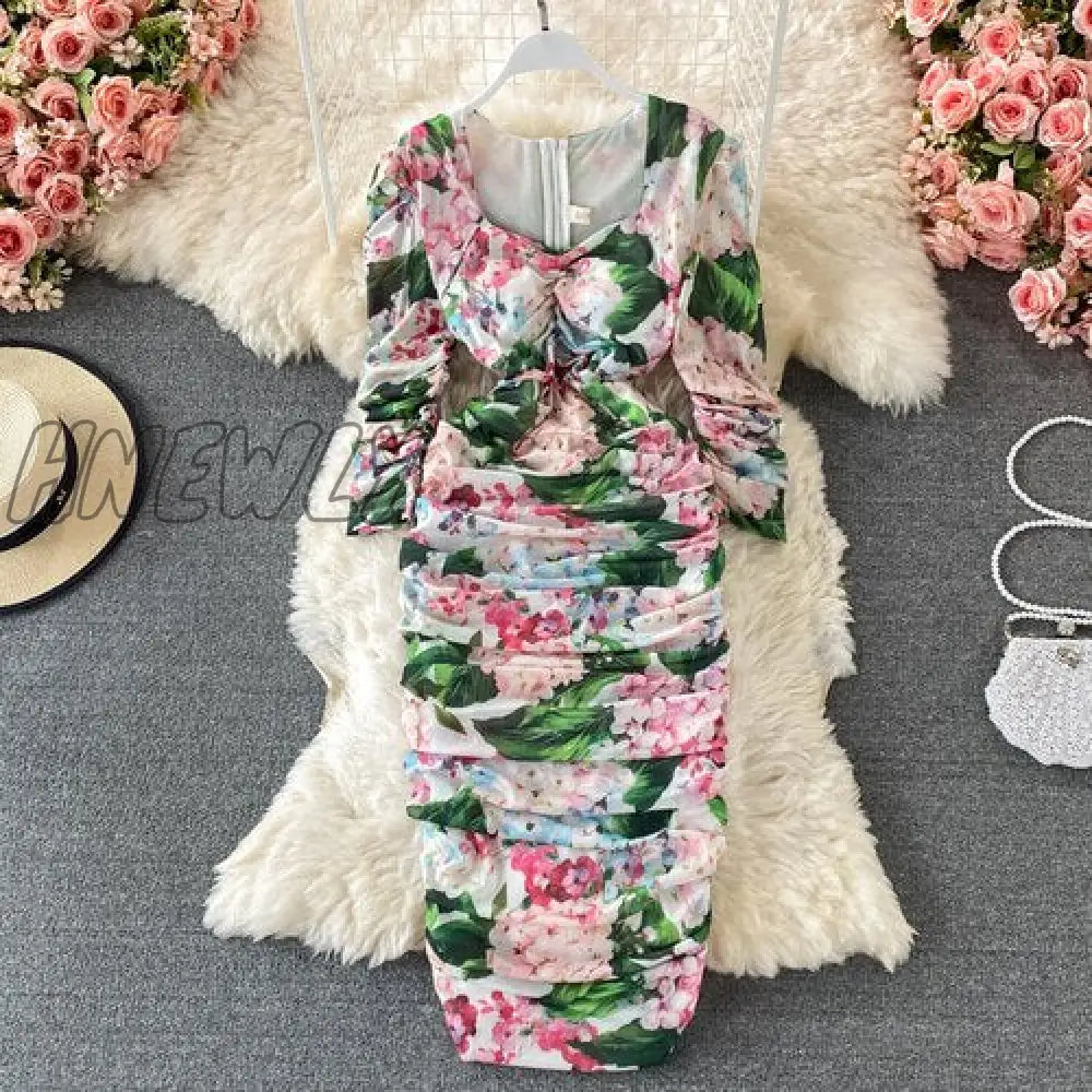 Hnewly Vintage Women Pleated Long Dress Flower Printed Square Collar High Waist Draped Robe Female