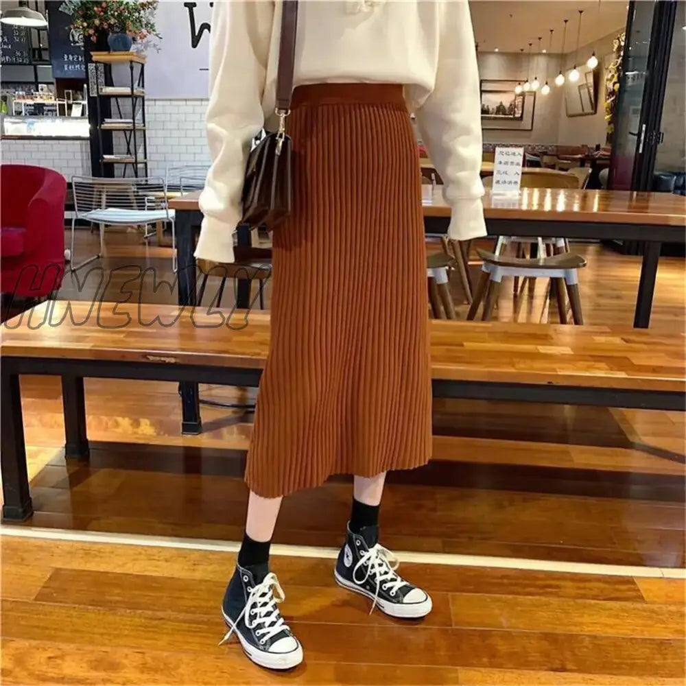 Hnewly Vintage Women Thick Sweater Skirt Elastic High Waist Pleated Midi Knitted Skirt Pencil