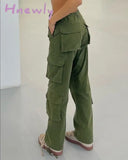 Hnewly Vintage Womens Pocket Cargo Jeans High Waist Baggy Straight Leg Comfy Casual Green Denim