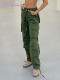 Hnewly Vintage Womens Pocket Cargo Jeans High Waist Baggy Straight Leg Comfy Casual Green Denim Female Trousers Fashion Hip Hop Style