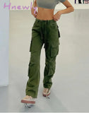 Hnewly Vintage Womens Pocket Cargo Jeans High Waist Baggy Straight Leg Comfy Casual Green Denim