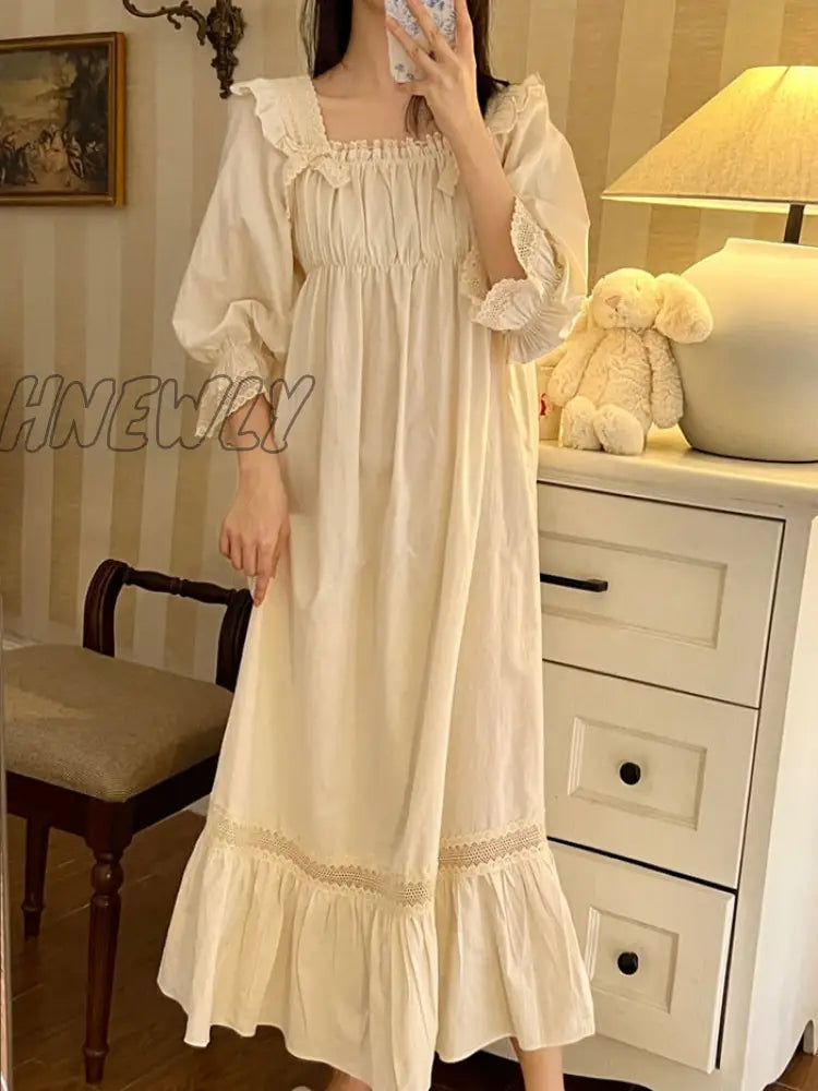 Hnewly Vintage Women’s Sleepwear Princess Dress Royal Style Cotton Square Neck Pajamas