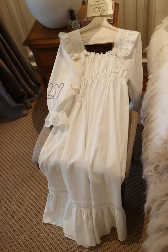 Hnewly Vintage Women’s Sleepwear Princess Dress Royal Style Cotton Square Neck Pajamas