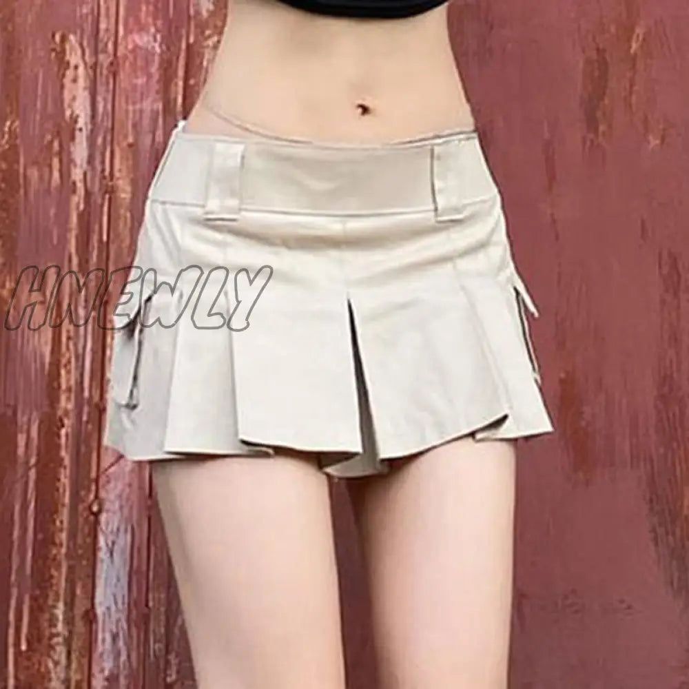 Hnewly Vintage Y2K Pleated Mini Skirt Women Fashion Low Waist Pocket Patchwork Solid Micro Summer